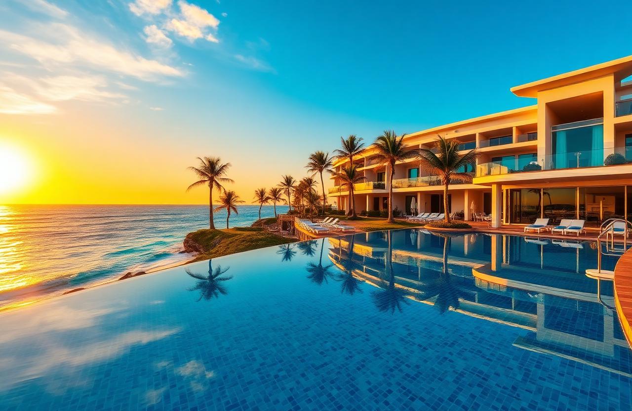 Resort am Meer mit Pool und Palmen bei Sonnenuntergang
